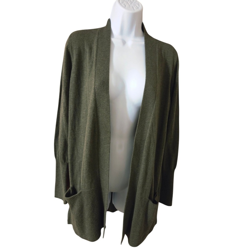 Sonoma Grayish Olive Green Open Cardigan W Pockets & Cinched Cuffs M